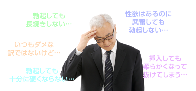 性欲はあるのに興奮しても勃起しない… / 挿入しても柔らかくなって抜けてしまう… / 勃起しても十分に硬くならない… / いつもダメな訳ではないけど… / 勃起しても長続きしない…